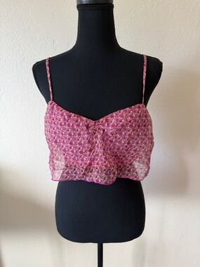 EUC FREE PEOPLE SILK Pink Floral Sheer Cropped Cami SIZE LARGE